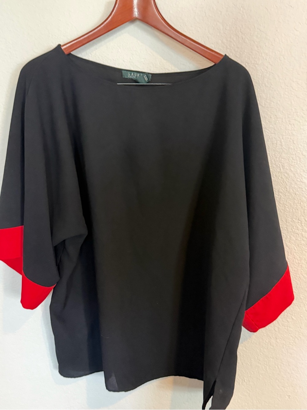 Lauren Ralph Lauren Black Top with Red Sleeve Accents XL